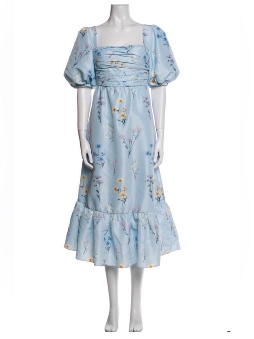 Self Portrait Watercolor Light Blue Floral Midi Dress with Puff Sleeves